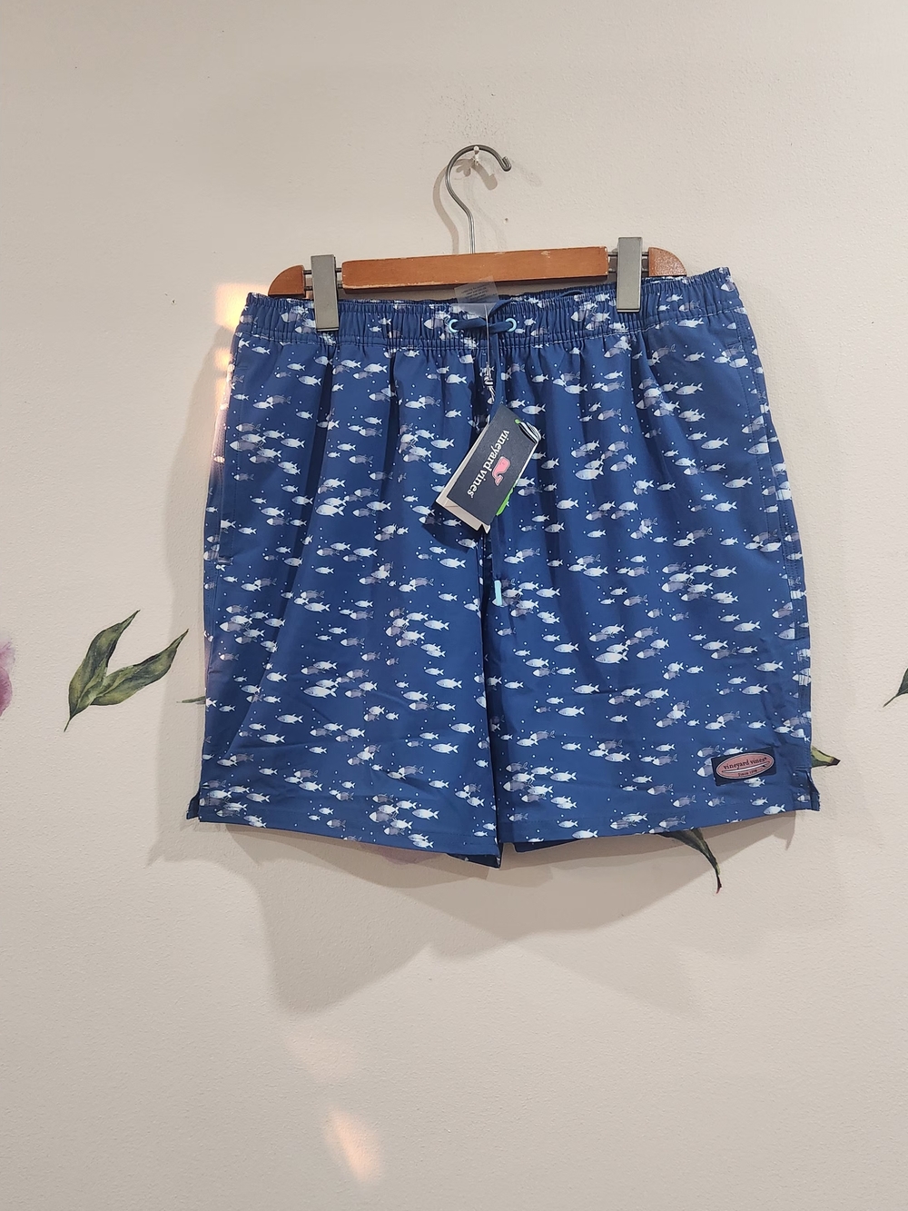 Vineyard Vines Blue Swim Shorts with White Fish Print